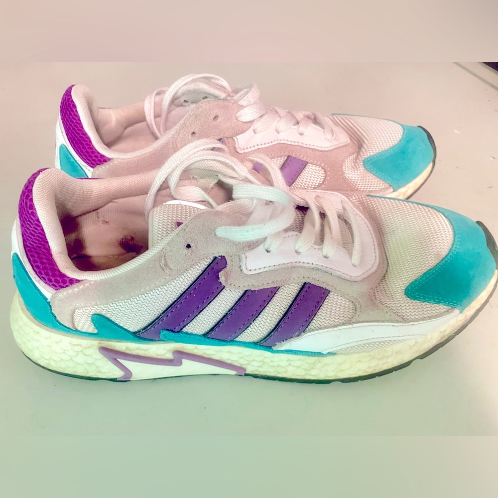 MEN'S ADIDAS TRESC RUN ATHLETIC RUNNING SHOES SIZE 10 WHITE PURPLE AQUA. USED